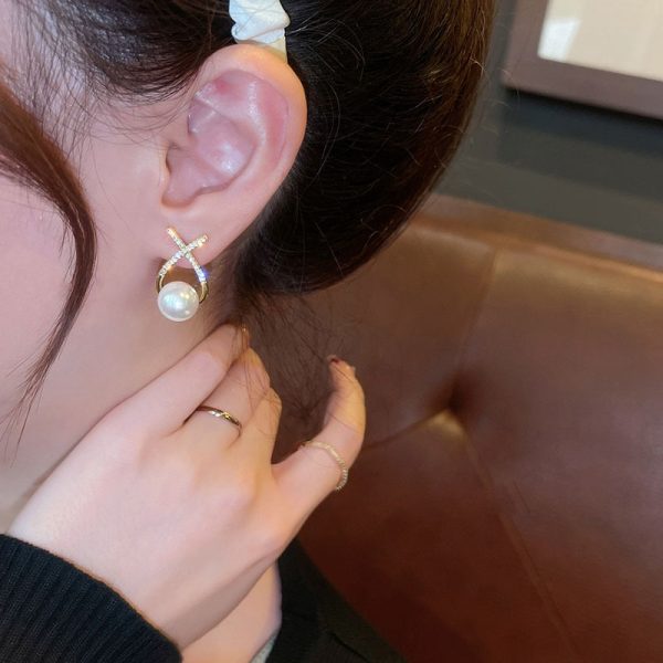 Elegant Golden Cross Pearl Zircon Earing's