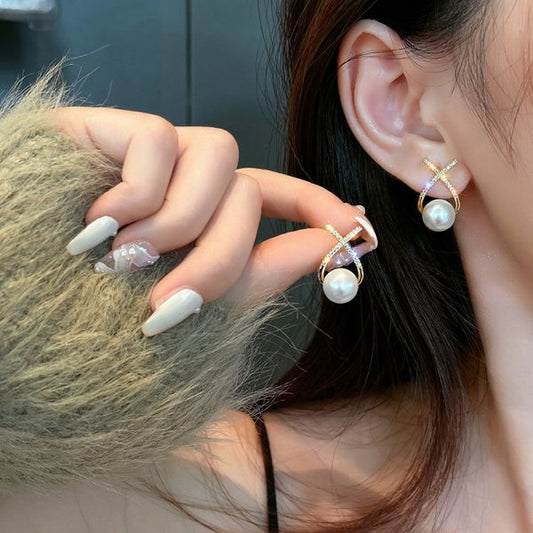 Elegant Golden Cross Pearl Zircon Earing's