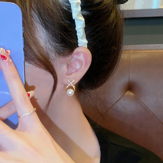 Elegant Golden Cross Pearl Zircon Earing's