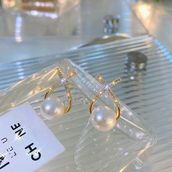 Elegant Golden Cross Pearl Zircon Earing's